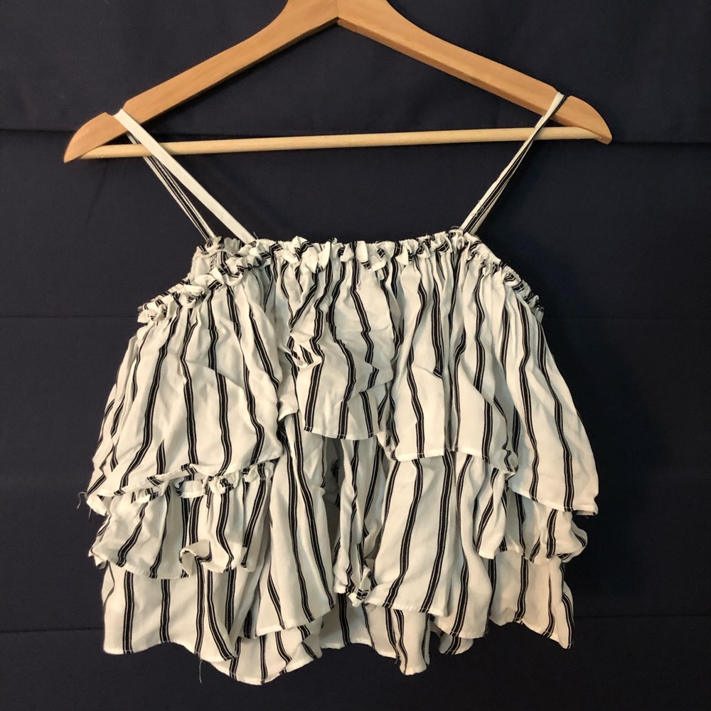 She + Sky Striped Cold Shoulder Crop Top